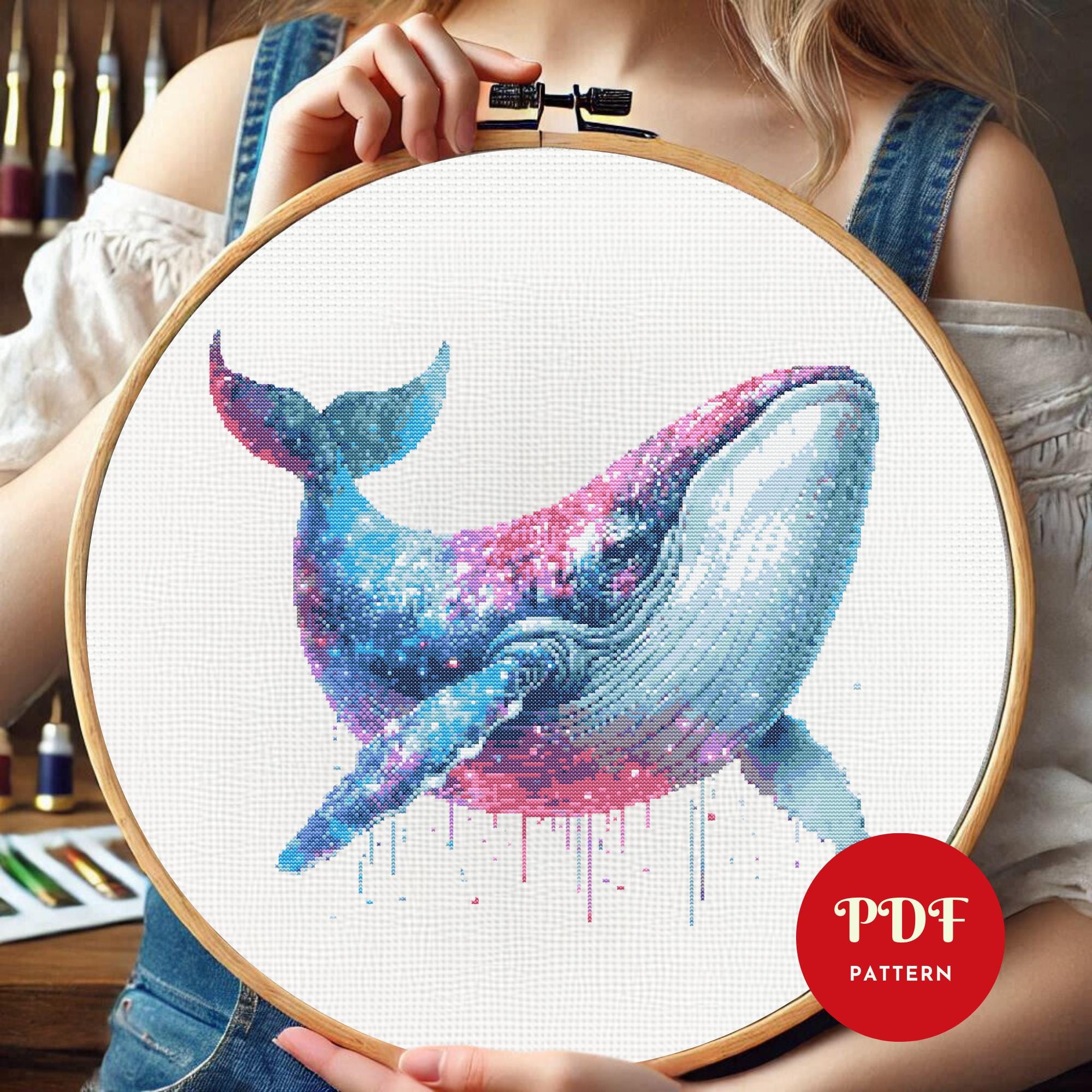 クジラとサンゴの刺繍タペストリー クジラのクロスステッチパターン、海の動物の刺繍デザイン