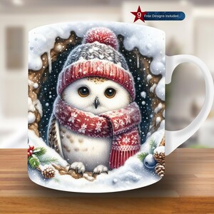 3D Winter Owl Mug Wrap, 11oz & 15oz Mug Sublimation Design, Christmas Mug Template, Winter Mug Wrap Template, Instant Digital Download PNG