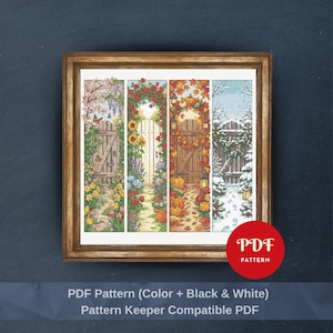 May include: A framed cross-stitch pattern showing four seasonal garden scenes: spring, summer, autumn, and winter. Each scene depicts a gate surrounded by flowers, foliage, and seasonal elements. The text "PDF Pattern" is visible.