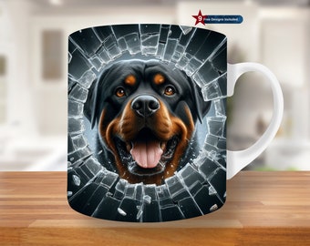 Agujero de Rottweiler 3D en una envoltura de taza de pared, plantilla de taza de 11 oz y 15 oz, diseño de sublimación de taza, plantilla de envoltura de taza, envoltura de taza de café PNG, vidrio