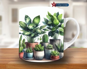 Könnte beinhalten: Weiße Keramiktasse mit einer bunten Illustration von Topfpflanzen, darunter Sukkulenten, Kakteen und Blattpflanzen. Die Tasse hat einen Henkel auf der rechten Seite.