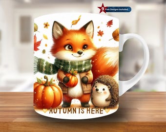 Fox and Hedgehog in Autumn Mug Wrap, 11oz & 15oz Mug Template,Fall Mug Sublimation Design, Fox Mug Wrap Template,Autumn Instant Download PNG