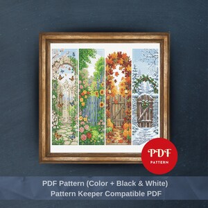 May include: A framed cross-stitch pattern featuring four seasonal garden scenes: spring with butterflies, summer with sunflowers, autumn with pumpkins, and winter with snow. The artwork is in a wooden frame. The image includes the text "PDF Pattern".