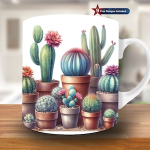 May include: White ceramic mug with a colorful illustration of cacti in pots. The cacti are in various shapes and sizes, with some blooming pink flowers. The mug has a handle on the right side.