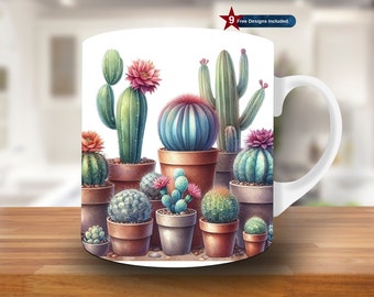 Cactus in Pot Wrap, 11oz & 15oz Mug Template, Floral Mug Sublimation Design, Coffee Mug Wrap Template PNG, Instant Digital Download PNG