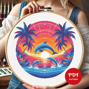 Dolphin Beach Landscape Cross Stitch Pattern, Fish Embroidery Stitch Pattern, Embroidery, Cross Stitch PDF Pattern File, Digital download