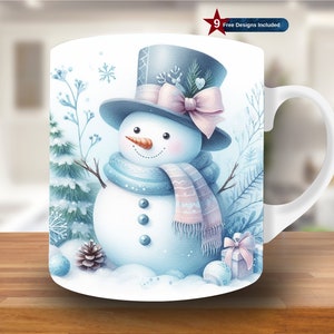 Blue Snowman Mug Wrap, 11oz & 15oz Mug Template,Xmas Mug Sublimation Design, Christmas Mug Wrap Template, Instant Digital Download PNG, Xmas
