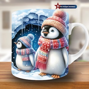 3D Cute Penguins Mug Wrap, 11oz & 15oz Mug Sublimation Design, Christmas Mug Template, Winter Mug Wrap Template,Instant Download PNG