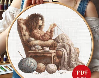 Knitting Woman Cross Stitch Pattern PDF, Girl Knitting Design (Pattern Keeper Compatible, Instant Download)