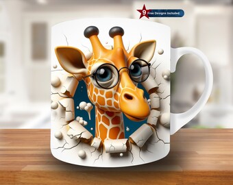 May include: White ceramic mug with a cartoon giraffe wearing glasses peeking through a cracked wall. The giraffe has orange and brown spots and blue eyes.