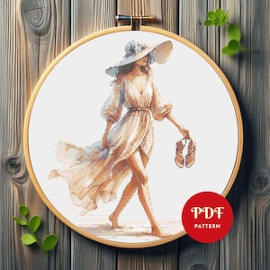 Summer Girl on Beach Cross Stitch Pattern, Vacation Embroidery Design, Holiday Needlepoint Chart, Woman Cross Stitch PDF Pattern, DIY,Female