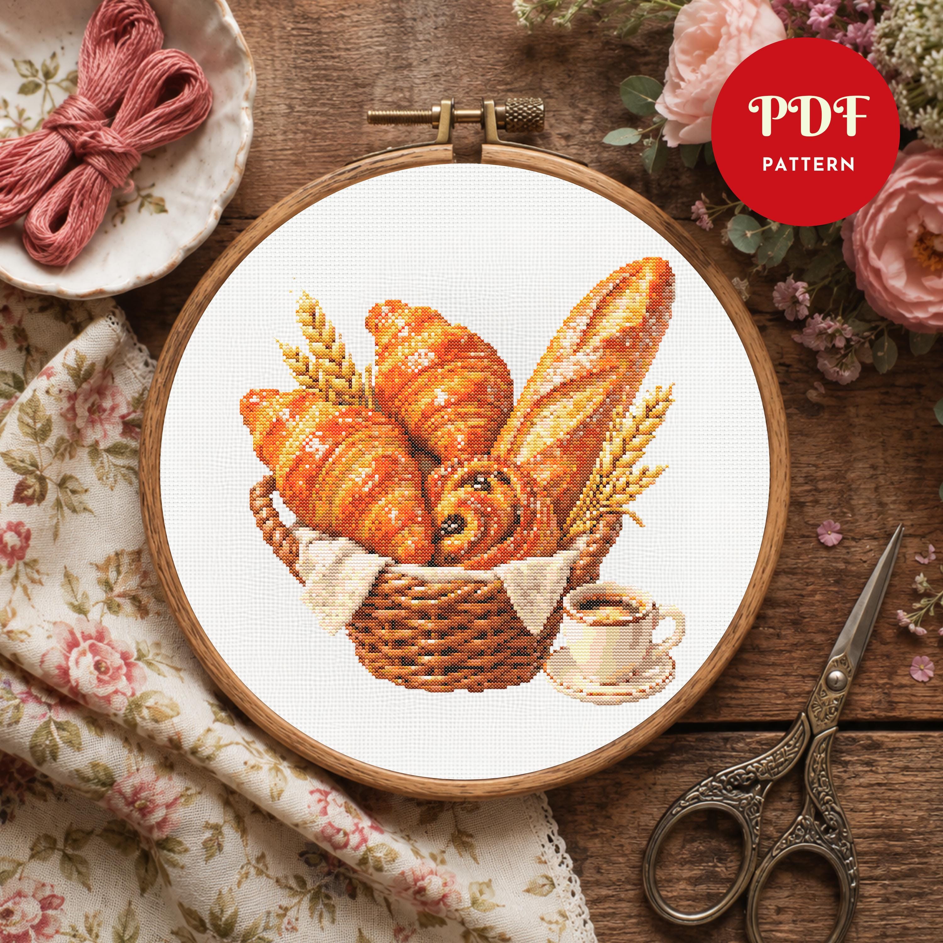 Bread Basket Cross Stitch Pattern PDF, Rustic Bakery Design (Pattern Keeper Compatible, Instant Download)