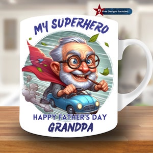 Peut inclure: Une tasse en céramique blanche avec une illustration de dessin animé d'un grand-père déguisé en super-héros conduisant une voiture bleue. La tasse porte l'inscription "My Superhero Happy Father's Day Grandpa".