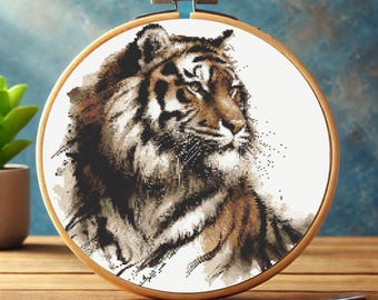 水彩画の虎のクロスステッチパターン、野生動物の刺繍パターン、刺繍