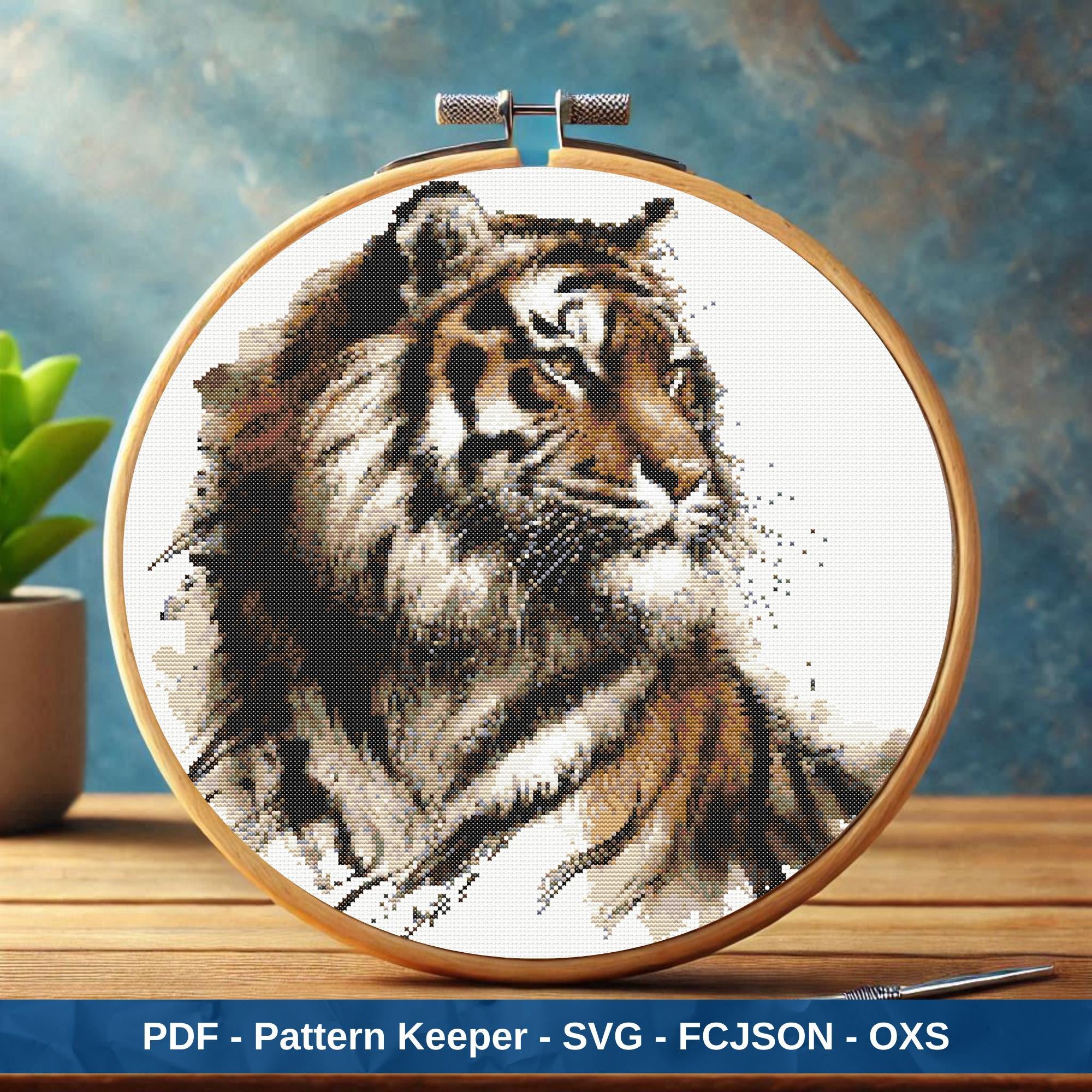 水彩画の虎のクロスステッチパターン、野生動物の刺繍パターン、刺繍