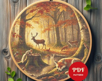 Patrón de punto de cruz de animales del bosque, diseño de bordado de otoño, gráfico de bordado, patrón PDF de punto de cruz fácil, descarga instantánea, bricolaje