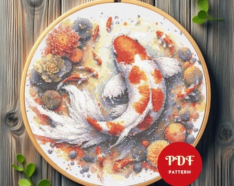 Koi Fish Cross Stitch Pattern PDF, Japanese Pond Design (Pattern Keeper Compatible, Instant Download)