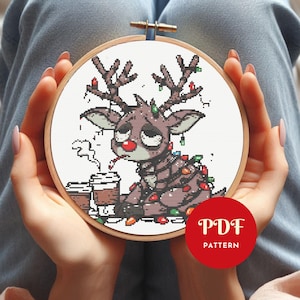 Christmas Reindeer Cross Stitch Pattern, Funny Holiday Embroidery Design, Needlepoint Chart, Cross Stitch PDF Pattern, Instant Download, DIY