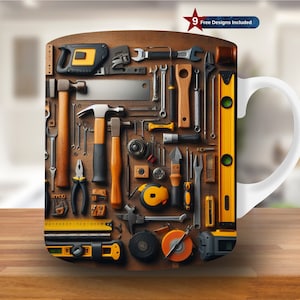May include: White ceramic mug featuring a detailed arrangement of various tools, including hammers, wrenches, and a level, set against a brown background. The mug has a white handle and the text "9 Free Designs Included" in the upper right corner.