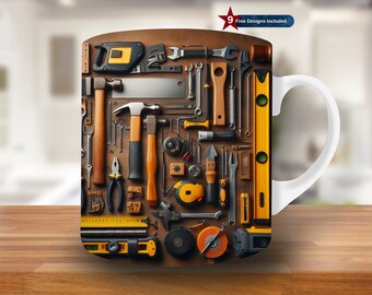 3D Tools on Wooden Table Father's Day Mug Wrap, 11oz & 15oz Mug Template, Mug Sublimation Design, Mug Wrap Template, Digital Download PNG