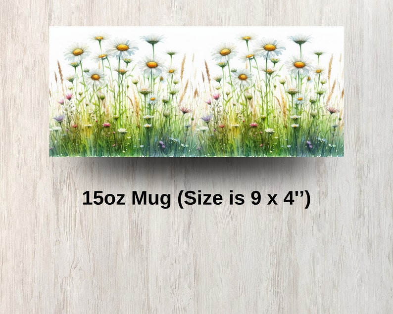 May include: White ceramic mug with a watercolor design of a field of white daisies with yellow centers and green stems. The mug is 15 oz and measures 9 inches by 4 inches.