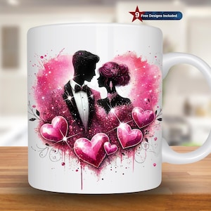 Emballage de tasse de couple de mariage, modèle de tasse de 11 oz et 15 oz, conception de sublimation de tasse de la Saint-Valentin, modèle d'emballage de tasse d'amour, téléchargement immédiat PNG, femme, mari
