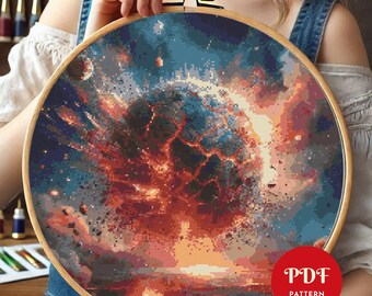 Exploding Planet Cross Stitch Pattern PDF, Sci-Fi Space Embroidery (Pattern Keeper Compatible, Instant Download)