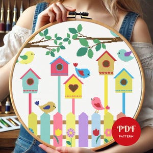 Cute Colorful Birds Cross Stitch Pattern, House Embroidery Pattern, Embroidery Design, Animal Cross Stitch PDF Pattern File,Digital download