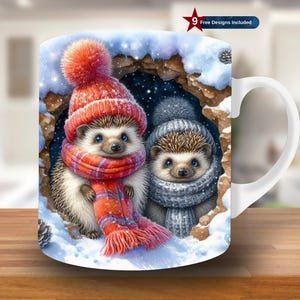 3D Winter Hedgehog Mug Wrap, 11oz & 15oz Mug Template, Christmas Mug Sublimation Design, Winter Mug Wrap Template, Instant Download PNG