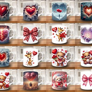May include: Set of 10 Valentine's Day themed coffee mugs with various designs. The mugs feature hearts, animals, and other romantic imagery.