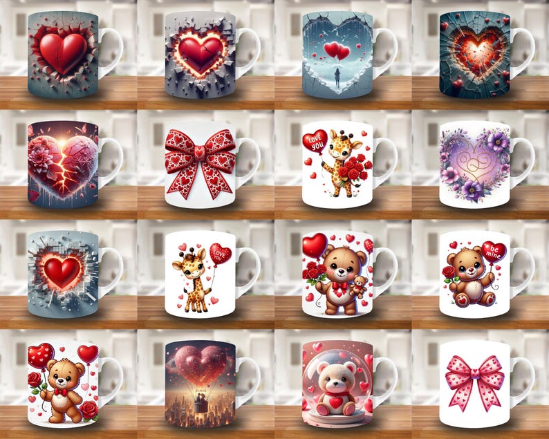 May include: Set of 10 Valentine's Day themed coffee mugs with various designs. The mugs feature hearts, animals, and other romantic imagery.