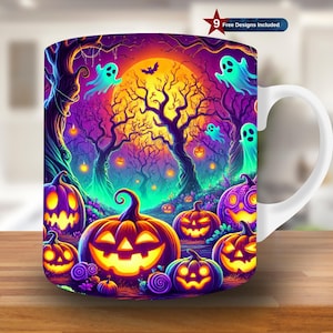 Puede incluir: Una taza de cerámica blanca con un diseño de Halloween colorido. El diseño presenta una escena de bosque espeluznante con calabazas brillantes, árboles y fantasmas. El texto "9 Free Designs Included" es visible en la esquina superior derecha.