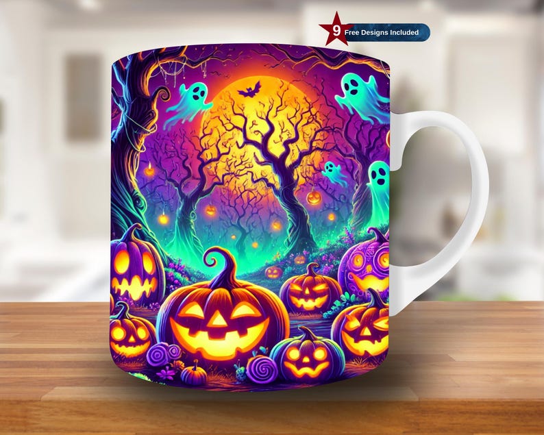 May include: A white ceramic mug with a colourful Halloween design. The design features a spooky forest scene with glowing jack-o'-lanterns, trees, and ghosts. The text "9 Free Designs Included" is visible in the top right corner.