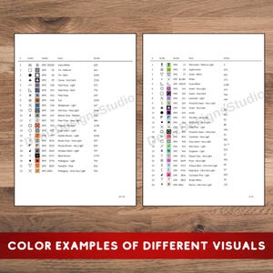 May include: Two printed pages with color charts for cross-stitch projects. Each chart displays symbols, DMC thread numbers, and stitch counts. The pages are white with black text and a red banner at the bottom that reads "COLOR EXAMPLES OF DIFFERENT VISUALS."