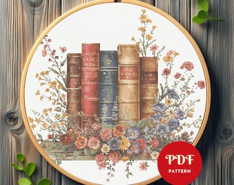 Padrão de ponto cruz de livros e flores vintage, design de bordado de biblioteca, gráfico de ponto cruz, padrão de ponto cruz em PDF, download instantâneo, faça você mesmo