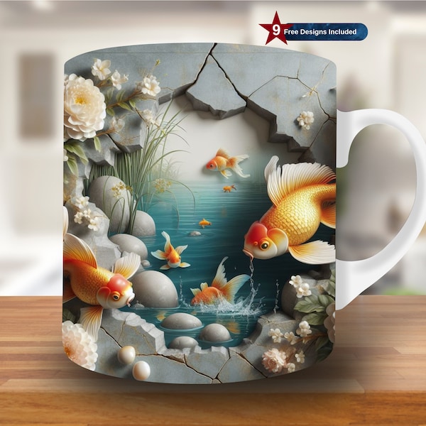 3D Goldfish Hole In A Wall Mug Wrap, 11oz & 15oz Mug Template, Mug Sublimation Design, Mug Wrap Template, Instant Digital Download, Pond