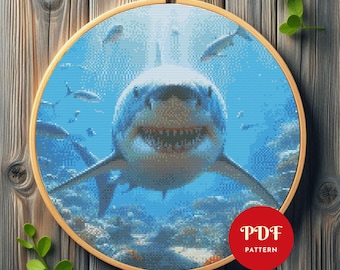 Shark Cross Stitch Pattern, Ocean Underwater Embroidery Design, Sea Needlepoint Chart, Easy Cross Stitch PDF Pattern, Instant Download, DIY