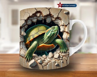 3D Schildkröte Loch in einer Wand Becherverpackung, 11 Unzen und 15 Unzen Bechervorlage, Becher Sublimationsdesign, Becherverpackung Vorlage PNG, Schildkröte Becherverpackung png, Digital
