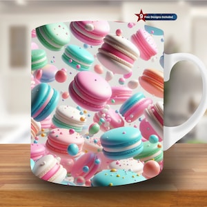 3D Macarons Mug Wrap, 11oz & 15oz Mug Template, Mug Sublimation Design, Mug Wrap Template, Digital Download PNG, Coffee Mug Wrap PNG, pink