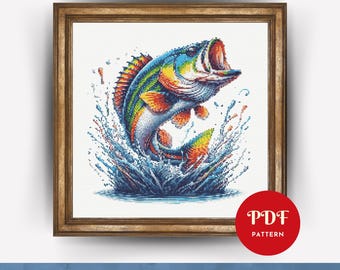 May include: A colorful cross-stitch pattern of a bass jumping out of the water. The fish is a rainbow of colors, with blue, green, orange, and yellow. The water is a dark blue with white splashes.