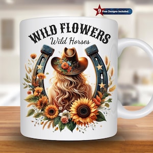 Wild Flowers Wild Horses Mug Wrap, 11oz & 15oz Mug Template, Western Mug Sublimation Design, Cowgirl Mug Wrap Template, Digital Download PNG