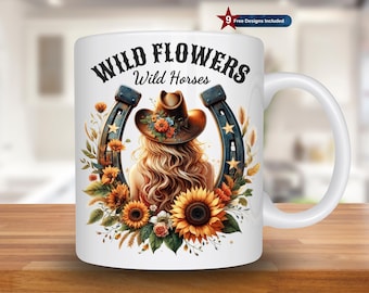 Wild Flowers Wild Horses Mug Wrap, 11oz & 15oz Mug Template, Western Mug Sublimation Design, Cowgirl Mug Wrap Template, Digital Download PNG