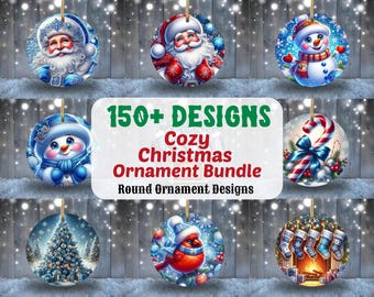 Könnte beinhalten: Eine Sammlung von über 150 runden Weihnachtsbaumschmuck-Designs. Die Ornamente zeigen eine Vielzahl von Wintermotiven, darunter Weihnachtsmann, Schneemänner, Zuckerstangen und Weihnachtsbäume. Der Text "150+ DESIGNS Cozy Christmas Ornament Bundle Round Ornament Designs" wird auf weißem Hintergrund angezeigt.