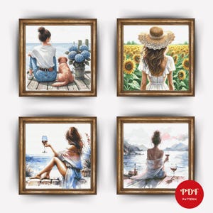 Puede incluir: Cuatro impresiones artísticas enmarcadas. Una muestra a una mujer sentada en un muelle con un perro y flores azules. Otra representa a una mujer en un campo de girasoles. Las otras dos muestran a mujeres con copas de vino cerca del agua.