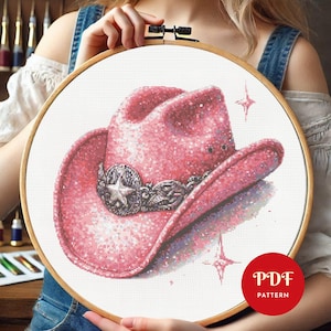 Pink Cowboy Hat Cross Stitch Pattern, Western Embroidery Pattern, Cowgirl Embroidery Design, Cross Stitch PDF Pattern File, Digital download