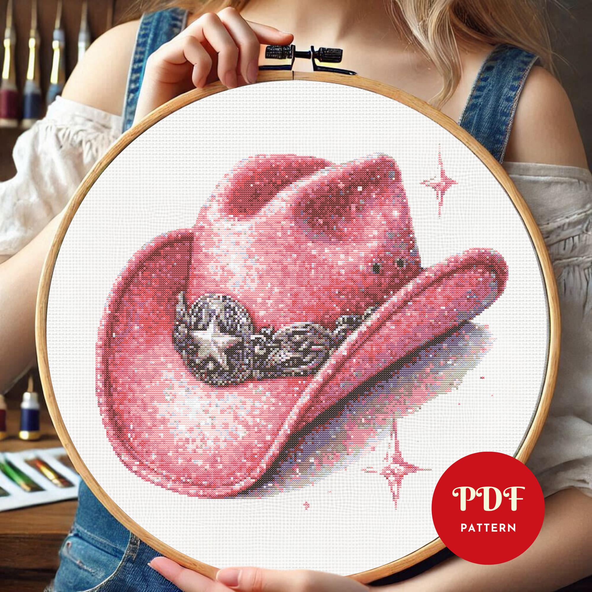 Pink Cowboy Hat Cross Stitch Pattern PDF, Western Design (pattern