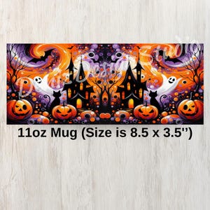 May include: A Halloween-themed mug featuring a spooky design with a haunted house, pumpkins, ghosts, and a black cat. The mug is 8.5 x 3.5 inches.