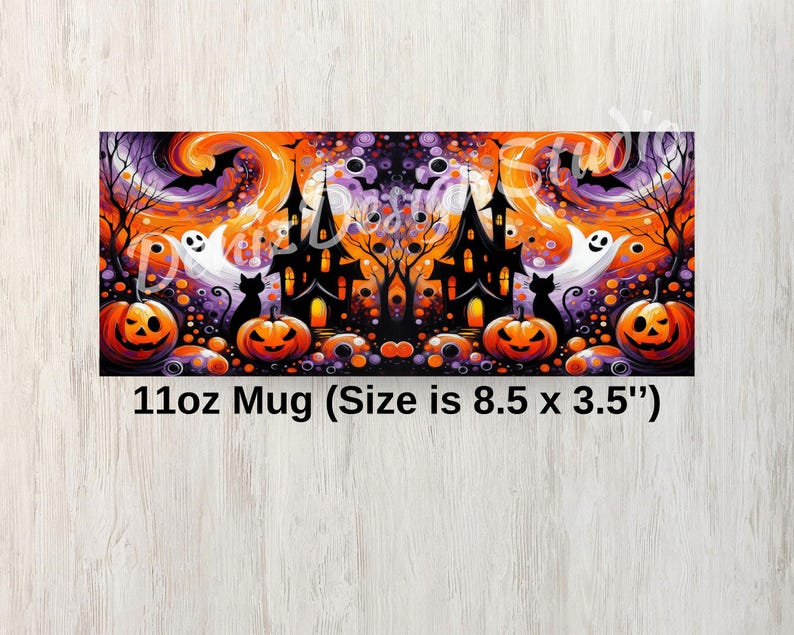 May include: A Halloween-themed mug featuring a spooky design with a haunted house, pumpkins, ghosts, and a black cat. The mug is 8.5 x 3.5 inches.