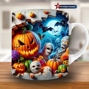 May include: White ceramic mug featuring a Halloween-themed design. The design includes a carved pumpkin, mummies, bats, and a full moon. The mug also has the text "9 Free Designs Included" on the top right.