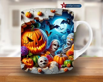 Agujero de Halloween 3D en una envoltura de taza de pared, plantilla de taza de 11 oz y 15 oz, diseño de sublimación de taza zombie, plantilla de envoltura de taza de calabaza, descarga instantánea PNG